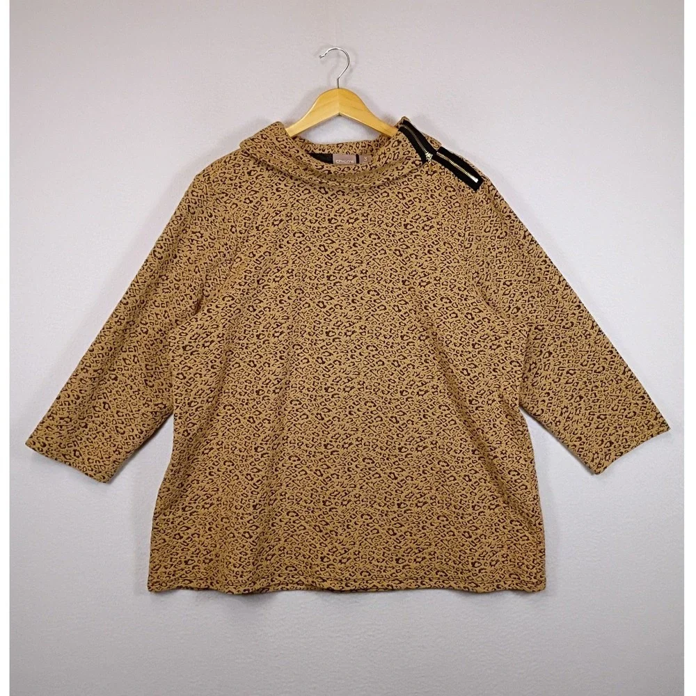 Animal Print Chicos Womens 3 Tan Leopard Funnel Neck Zip Shoulder Top